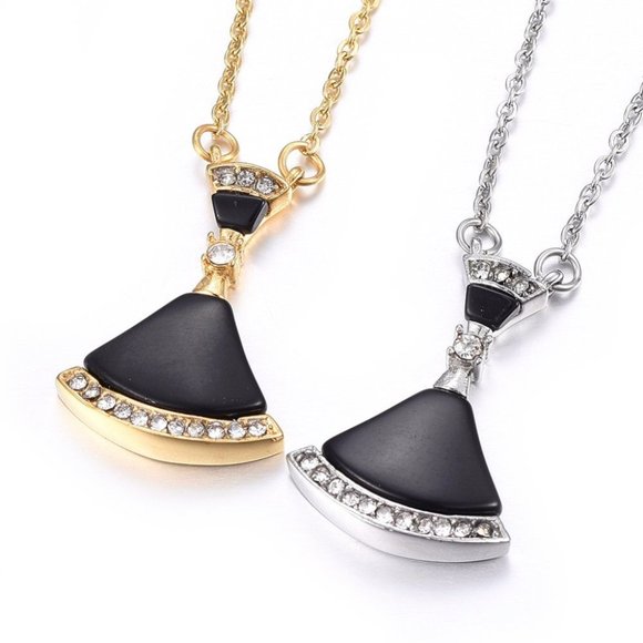 2/$10   Art Deco Inspired S. Steel Pendant Necklace, w Black Shell & Rhinestones - Picture 1 of 5